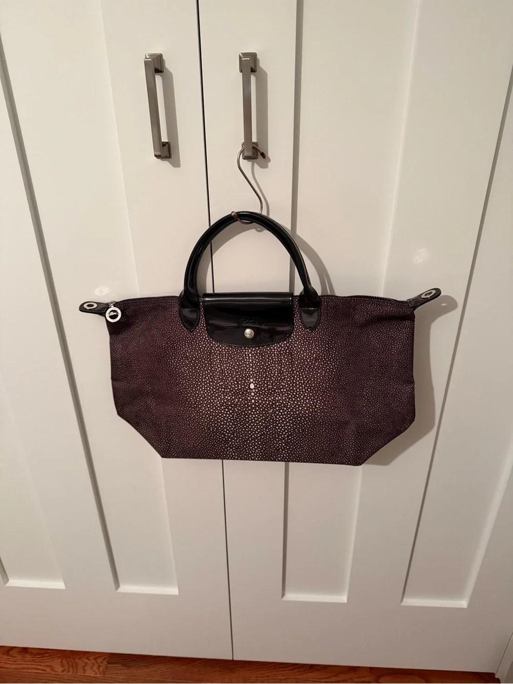 Longchamp Black & White Pebble Print Tote with Black Patent Leather Accents NWT